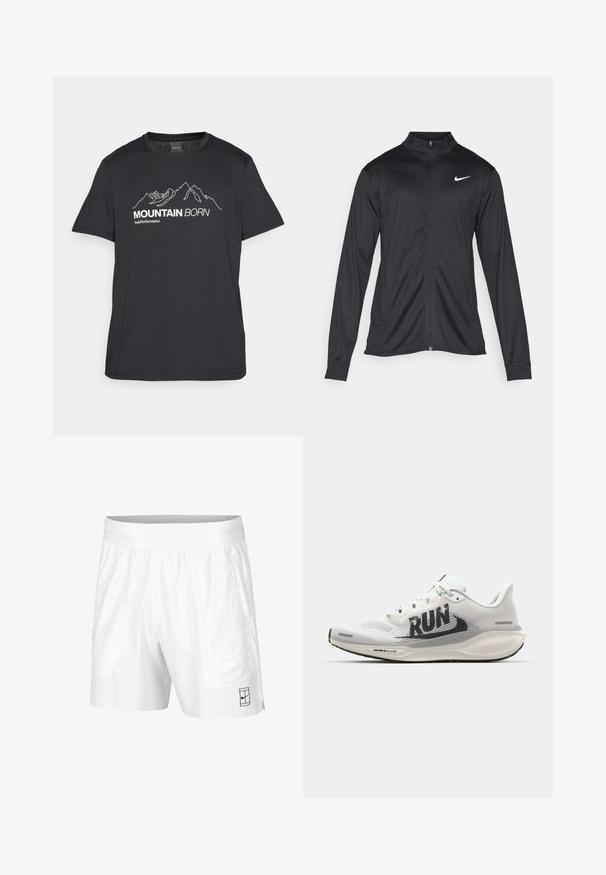 Jachetă sportivă neagră cu mâneci lungi, guler și fermoar complet. Prezintă un logo Nike subtil, alb, pe pieptul din stânga sus. Textură netedă.; Peak Performance EXPLORE GRAPHIC TEE - Tricou cu imprimeu - black; Pantaloni scurți albi de atletism realizați dintr-un material ușor, cu un brad elastic la talie, având două buzunare laterale și un mic logo negru pe tiv.; Adidași albi de alergare cu partea superioară din plasă, grafic mare negru "RUN", accente gri deschis și o talpă amorteată cu sigla "AIR 200M".