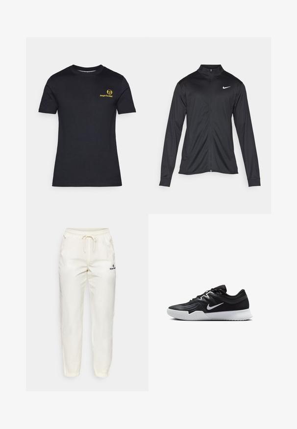 Black athletic jacket with long sleeves, collar, and full zipper. Features a subtle Nike logo in white on the upper left chest. Smooth texture.; Black short-sleeve t-shirt made of cotton. Features a yellow logo printed on the left chest. Classic round neckline, smooth texture.; Cream-colored, lightweight fabric pants with an elastic waistband and drawstring. Features tapered legs and a small black logo detail.; Black athletic shoe with a textured upper, white Nike swoosh, and a white rubber outsole. Features a lace-up design and dynamic shape.