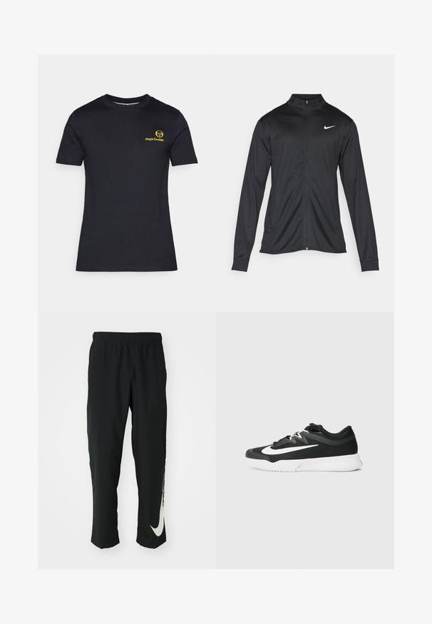 Jachetă sportivă neagră cu mâneci lungi, guler și fermoar complet. Prezintă un logo Nike subtil, alb, pe pieptul din stânga sus. Textură netedă.; Tricou negru cu mânecă scurtă din bumbac. Are un logo galben imprimat pe partea stângă a pieptului. Gât clasic rotund, textură netedă.; Pantaloni sport negri cu talie elastică, design conic, având un mare logo alb Nike pe piciorul stâng. Material moale, ușor.; Pantofii sport negri cu un upper texturat, logo Swoosh alb, design cu șireturi și talpă din cauciuc cu o textură pattern.