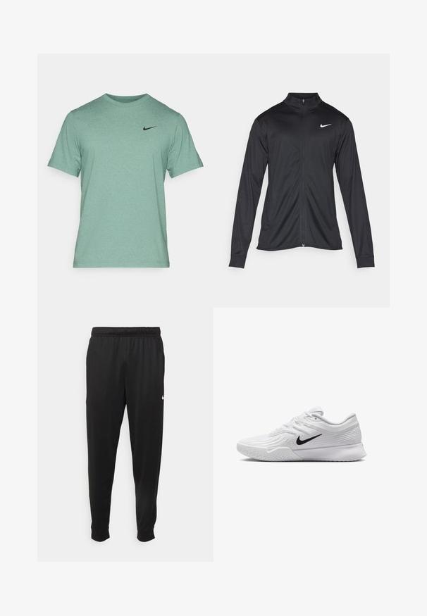 Fekete sportdzseki hosszú ujjal, gallérral és teljes cipzárral. Diszkrét fehér Nike logóval az upper bal mellen. Sima textúra.; Nike Performance HYVERSE - Sportfelső - bicoastal/black; Fekete sportos nadrág sima anyagból, rugalmas derékkal, szűkülő lábakkal és egy kis fehér logóval a bal oldalon.; Fehér sportcipő texturált hálós anyaggal a felsőrészen, fekete Nike swoosh-zal, párnázott mandzsettával és gumitalppal, amelynek mintázata van.