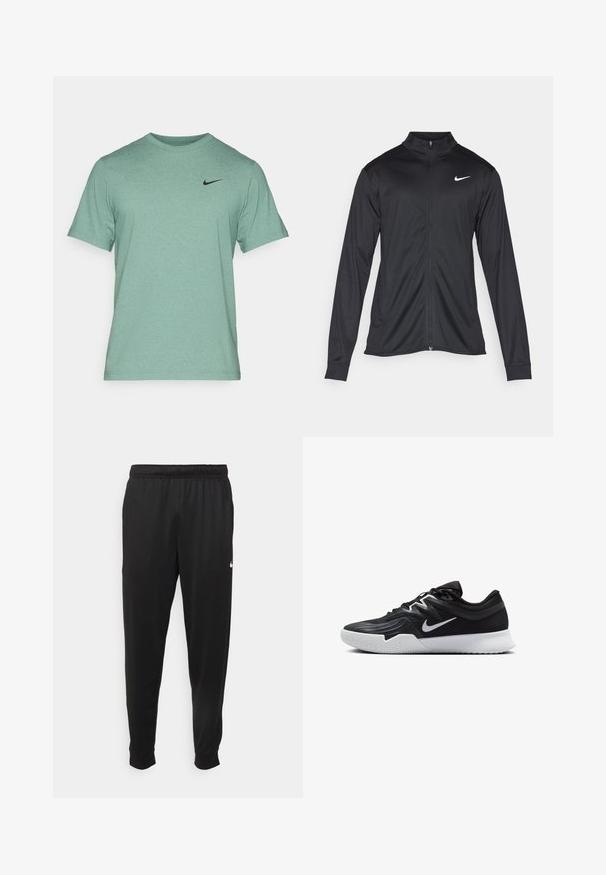 Svart idrettsjakke med lange ermer, krage og full glidelås. Har en subtil Nike-logo i hvitt på øvre venstre bryst. Glatt tekstur.; Nike Performance HYVERSE - T-skjorte til trening - bicoastal/black; Svarte treningsbukser laget av glatt stoff, med elastisk midje, smale ben og en liten hvit logo på venstre side.; Svart treningssko med teksturert overdel, hvit Nike-swoosh og hvit gummisåle. Har snøring og en dynamisk form.