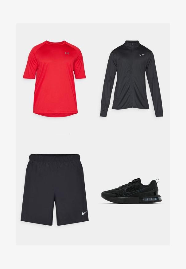 Fekete sportdzseki hosszú ujjal, gallérral és teljes cipzárral. Diszkrét fehér Nike logóval az upper bal mellen. Sima textúra.; Piros, rövid ujjas sportos póló, raglán ujjal. Nedvességelvezető anyagból készült, a mellrészen egy diszkrét szürke logó található.; Fekete sportnadrág könnyű anyagból, rugalmas derékkal. A bal alsó oldalon egy kis fehér Nike-logó található.; Fekete Nike sportcipő, hálós felsőrésszel, gumitalppal, párnázott nyakkal és jellegzetes átlátszó sarokbetéttel.