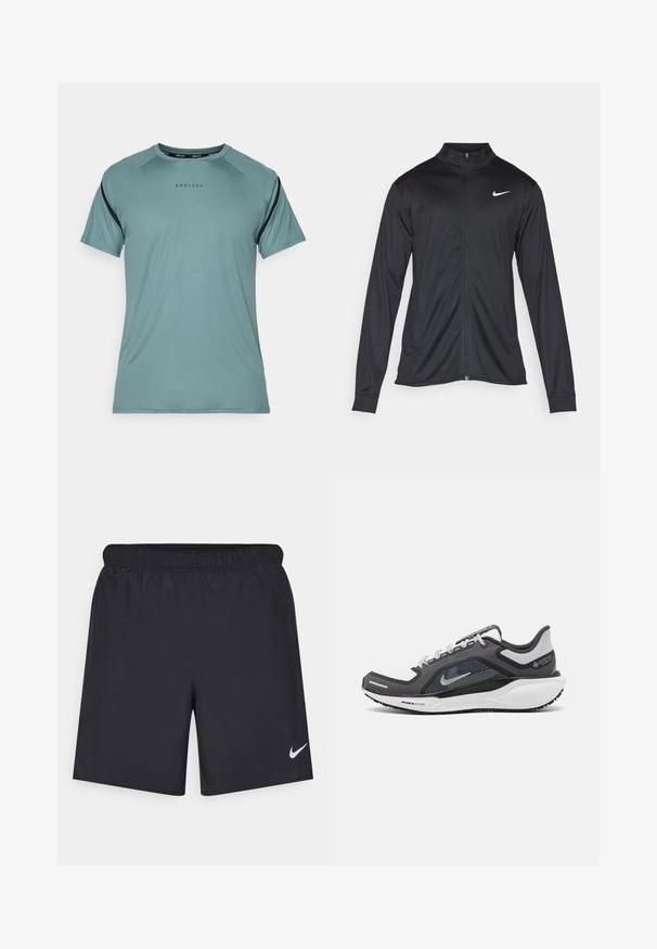 Schwarze Sportjacke mit langen Ärmeln, Kragen und voller Reißverschluss. Verfügt über ein dezentes Nike-Logo in Weiß auf der oberen linken Brust. Glatte Textur.; Endless APHEX - Sport T-Shirt - cypress; Schwarze sportliche Shorts aus leichtem Material mit einem elastischen Bund. Auf der unteren linken Seite befindet sich ein kleines weißes Nike-Logo.; Schwarzer und grauer Sportschuh mit einem Mesh-Obermaterial, reflektierenden Akzenten und einer weißen Zwischensohle. Verfügt über eine strukturierte Gummisohle und Schnürsenkel.