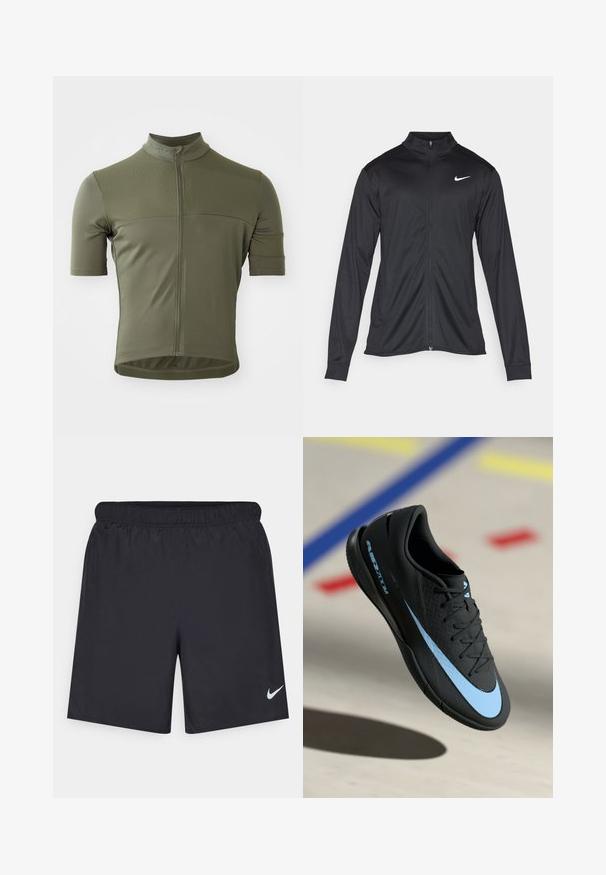 Schwarze Sportjacke mit langen Ärmeln, Kragen und voller Reißverschluss. Verfügt über ein dezentes Nike-Logo in Weiß auf der oberen linken Brust. Glatte Textur.; Kurzarm-Fahrradtrikot in Olivgrün, aus einem strukturierten, atmungsaktiven Stoff hergestellt. Verfügt über einen Reißverschluss vorne und ein tailliertes Design.; Schwarze sportliche Shorts aus leichtem Material mit einem elastischen Bund. Auf der unteren linken Seite befindet sich ein kleines weißes Nike-Logo.; Schwarzer Sportschuh mit blauen Akzenten, strukturierter Oberfläche, Schnürdesign und markantem Nike-Logo. Gummisohle mit Grip-Mustern.