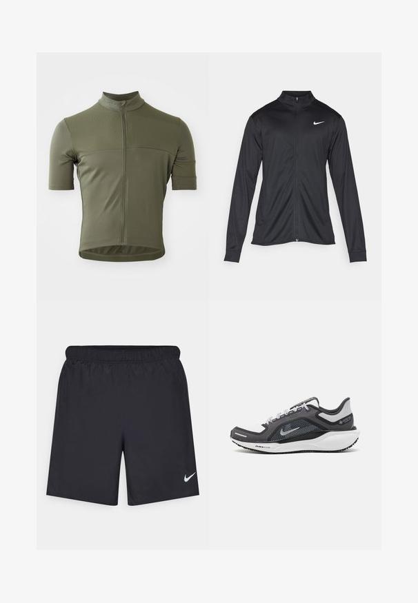 Jachetă sportivă neagră cu mâneci lungi, guler și fermoar complet. Prezintă un logo Nike subtil, alb, pe pieptul din stânga sus. Textură netedă.; Tricou de ciclism cu mânecă scurtă, de culoare verde măsliniu, fabricat dintr-un material texturat și respirabil. Are un fermoar frontal și un design ajustat.; Pantaloni scurți atletici negri, fabricați dintr-un material ușor, cu un talie elastică. Au un mic logo alb Nike în partea stângă jos.; Încălțăminte sport neagră și gri, cu partea superioară din plasă, accente reflectorizante și o talpă intermediară albă. Dispune de o talpă din cauciuc texturat și șireturi.