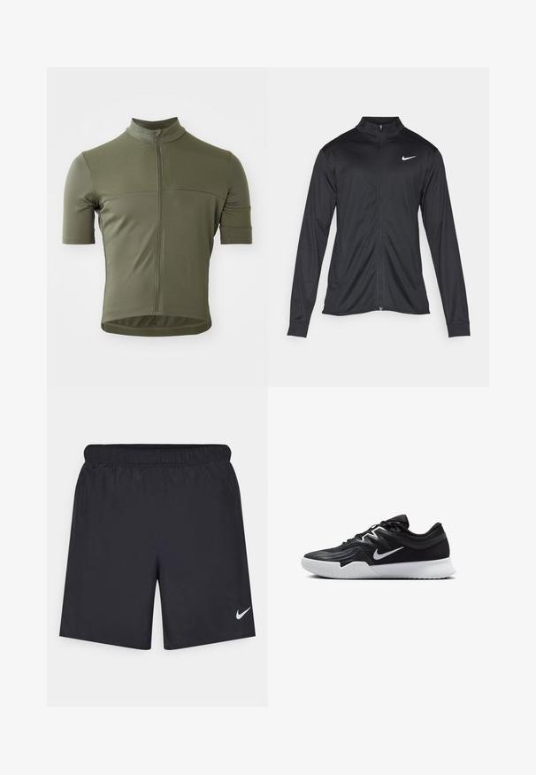 Črna atletska jakna z dolgimi rokavi, ovratnikom in polnim zadrgo. Vključuje diskreten bel Nike logotip na zgornjem levem delu prsnega koša. Gladka tekstura.; Kratka kolesarska majica s kratkimi rokavi v olivno zeleni barvi, izdelana iz teksturirane, zračne tkanine. Ima sprednji zadrgo in prilegajoč dizajn.; Črne atletske kratke hlače iz lahkotnega materiala z elastičnim pasom. Imajo majhen bel Nike logo na spodnji levi strani.; Črne atletske čevlje z teksturirano zgornjico, belim Nike znakom in belim gumijastim zunanjim podplatom. Imajo vezalni dizajn in dinamično obliko.