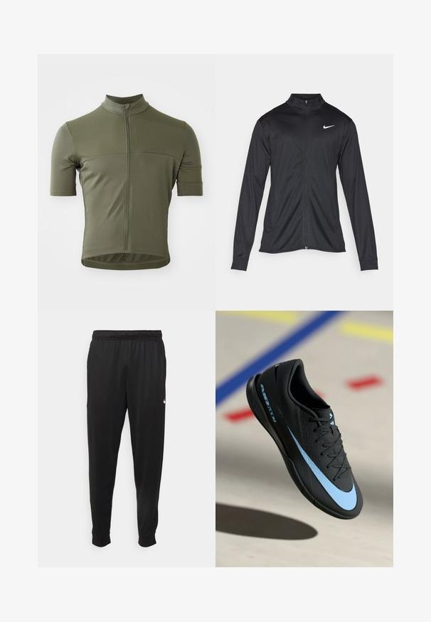 Veste de sport noire à manches longues, avec col et fermeture éclair intégrale. Présente un logo Nike subtil en blanc sur le côté supérieur gauche de la poitrine. Texture lisse.; Maillot de cyclisme à manches courtes en vert olive, fabriqué à partir d'un tissu texturé et respirant. Présente une fermeture éclair à l'avant et un design ajusté.; Pantalon de sport noir en tissu lisse, avec une taille élastique, des jambes fuselées et un petit logo blanc sur le côté gauche.; Chaussure de sport noire avec accents bleus, surface texturée, design à lacets et logo Nike distinctif. Semelle en caoutchouc avec motifs de grip.