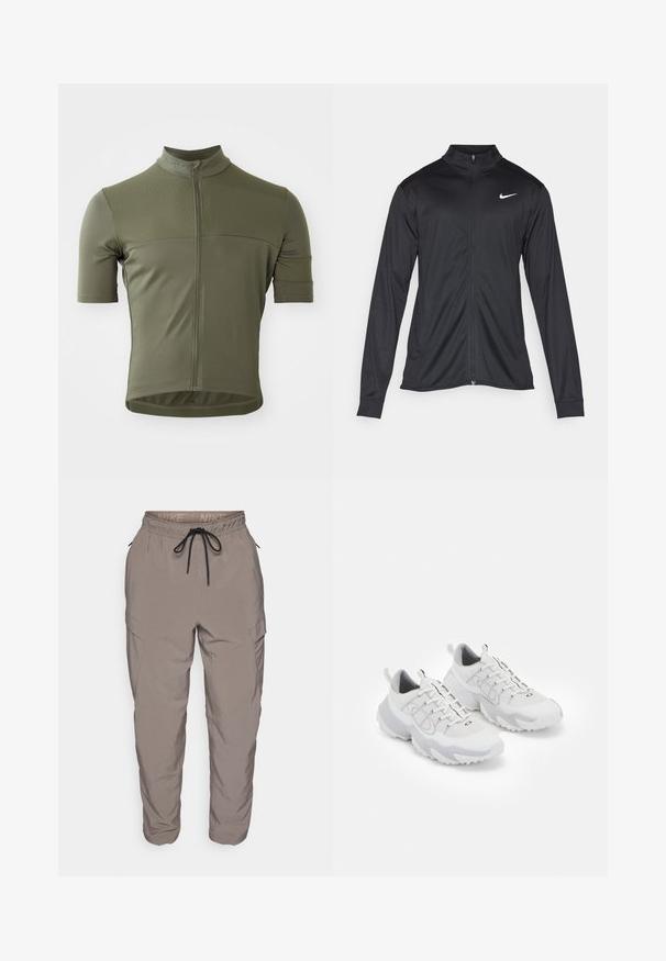 Chaqueta atlética negra con mangas largas, collar y cremallera completa. Presenta un sutil logo de Nike en blanco en la parte superior izquierda del pecho. Textura suave.; Camiseta de ciclismo de manga corta en verde oliva, fabricada con un tejido texturizado y transpirable. Presenta una cremallera frontal y un diseño ajustado.; Pantalones cargo de Nike en gris claro, con una cintura elástica con cordón, bolsillos laterales y un ajuste tapered. Textura de tela suave.; Zapatillas deportivas blancas con parte superior de malla, acentos grises, suela de goma texturizada y lengüetas en el talón; presentan un diseño de cordones.