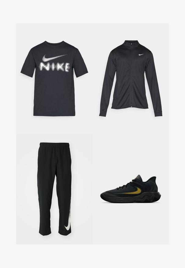 Crna sportska jakna s dugim rukavima, ovratnikom i punim patentnim zatvaračem. Ima suptilan Nike logo u bijeloj boji na gornjem lijevom dijelu prsne oznake. Glatka tekstura.; Crna pamučna majica s velikim stiliziranim bijelim Nike logotipom na prsima, kratkim rukavima i klasičnim okruglim izrezom.; Crne sportske hlače s elastičnim pojasom, suženi dizajn, sa velikim bijelim Nike logotipom na lijevoj nozi. Mekana, lagana tkanina.; Crne i tamnosive atletske tenisice s crnim vezicama i zlatnim Swoosh logom, sa valovitom dizajnom đona i podstavljenim ovratnikom na peti.