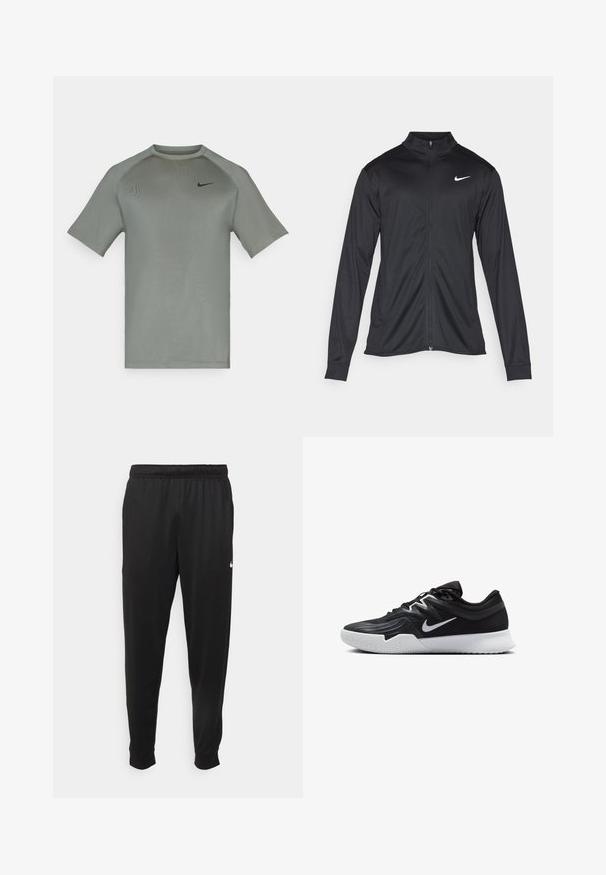 Jacket desportivo preto com mangas longas, colarinho e fecho zip completo. Apresenta um discreto logotipo da Nike em branco na parte superior do lado esquerdo do peito. Textura suave.; T-shirt de manga curta da Nike em verde claro, com decote redondo, mangas raglan e um pequeno logotipo preto no canto superior esquerdo do peito. Textura suave.; Calças de desporto pretas feitas de tecido suave, com uma cintura elástica, pernas ajustadas e um pequeno logo branco no lado esquerdo.; Sapatilha atlética preta com um cabedal texturizado, swoosh branco da Nike e uma sola de borracha branca. Apresenta um design com atacadores e uma forma dinâmica.