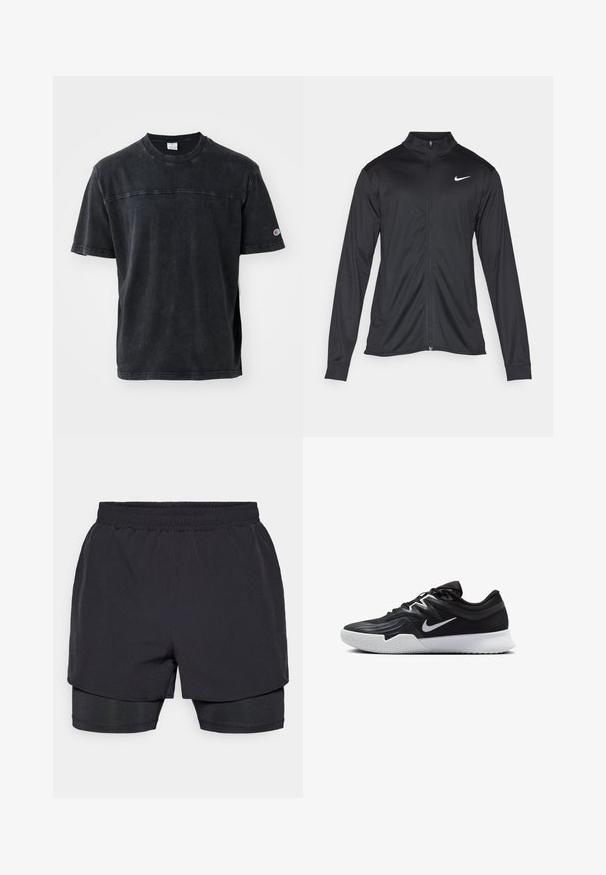Jacket desportivo preto com mangas longas, colarinho e fecho zip completo. Apresenta um discreto logotipo da Nike em branco na parte superior do lado esquerdo do peito. Textura suave.; T-shirt preto de mangas curtas feito de algodão, com decote redondo, detalhe de logotipo discreto no peito e costura em contraste ao longo dos ombros.; Calções atléticos pretos com um cós elástico, design em camadas e um forro ajustado. Textura suave, projetados para conforto.; Sapatilha atlética preta com um cabedal texturizado, swoosh branco da Nike e uma sola de borracha branca. Apresenta um design com atacadores e uma forma dinâmica.