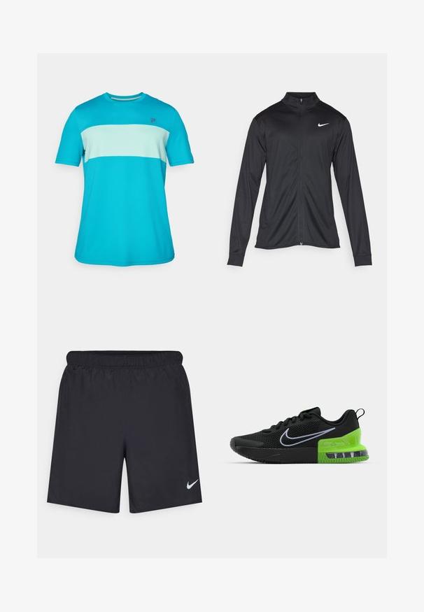 Must värvi sportlik jakk pikkade varrukatega, krae ja täispikk tõmblukk. Ülemises vasakus rinnas on diskreetne valge Nike logo. Sile tekstuur.; Lühikese varrukaga sportlik t-särk eredast türkiissinisest ja helesinisest; kerge, hingav kangas horisontaalse triibuga disainiga ja logoga.; Mustad mustikud lühikesed püksid, mis on valmistatud kergest materjalist ja millel on elastne vöökoht. Alumisel vasakul küljel on väike valge Nike logo.; Mustad mustreeritud must spordijalanõud, millel on võrkmaterjalist ülaosa, rohelise ja musta tallaga, mis sisaldab õhkpadja, ning valge Nike swooshi logo.