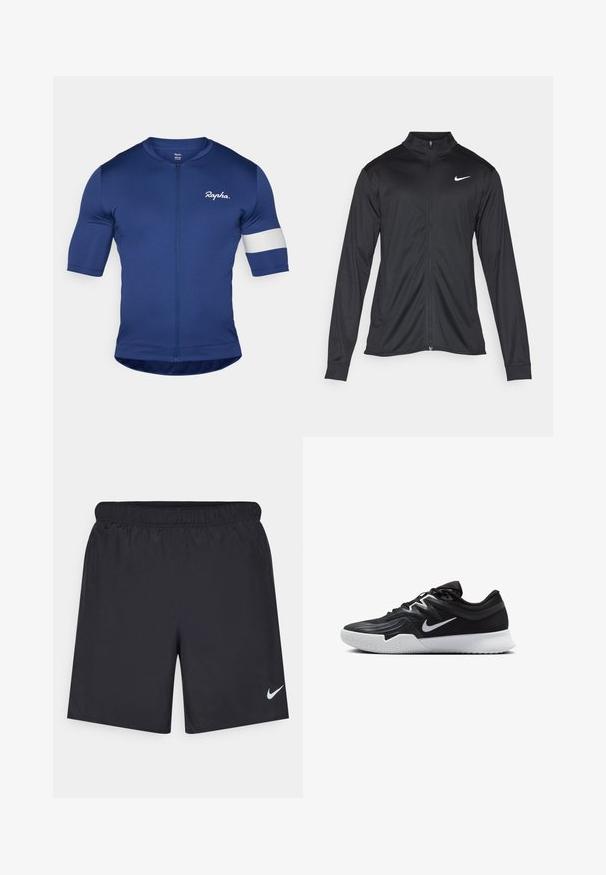 Sort atletisk jakke med lange ærmer, krave og fuld lynlås. Har et diskret Nike-logo i hvidt på den øverste venstre side af brystet. Glat tekstur.; Marine cykeltrøje med korte ærmer, fuld lynlås og hvid stripe detaljer på venstre ærme. Lavet af glat, strækbart stof.; Sorte atletiske shorts lavet af letvægtsmateriale med en elastisk talje. Har et lille hvidt Nike-logo i nederste venstre hjørne.; Sort atletiksko med en tekstureret overdel, hvid Nike swoosh og en hvid gummisål. Har en snørret design og dynamisk form.