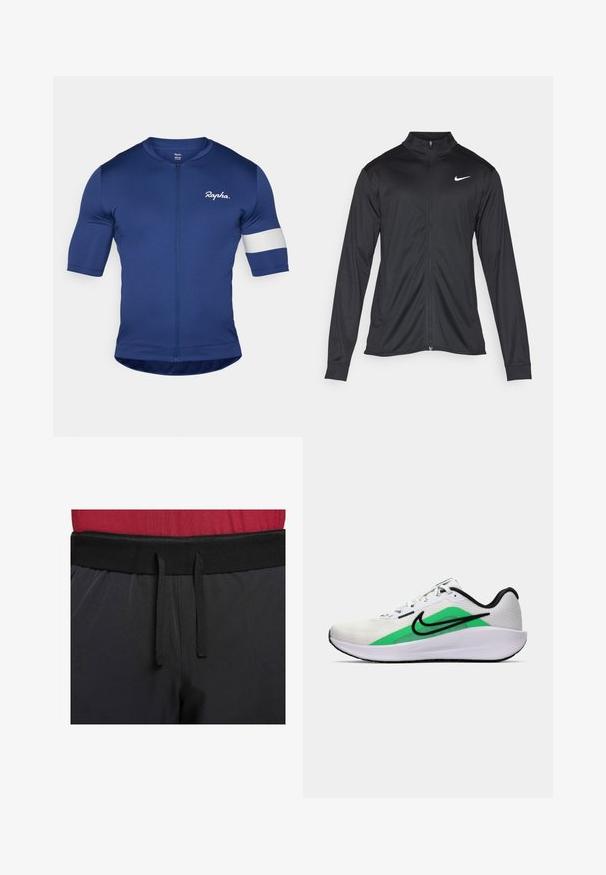 Crna sportska jakna s dugim rukavima, ovratnikom i punim patentnim zatvaračem. Ima suptilan Nike logo u bijeloj boji na gornjem lijevom dijelu prsne oznake. Glatka tekstura.; Mornarska biciklistička majica s kratkim rukavima, potpuno zatvaranje na patentni zatvarač i bijela pruga na lijevom rukavu. Izrađena od glatkog, rastezljivog materijala.; Crne atletske hlače imaju široki pojas s vanjskom vezicom. Tkanina je glatka s blagim sjajem i bez vidljivih uzoraka.; Bijela atletska obuća s zelenim akcentom, crnim logotipom, mrežastim gornjim dijelom, podstavljenom sole i zaobljenim petom. Sadrži vezice i kontrastne detalje.