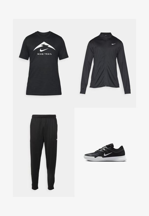 Must värvi sportlik jakk pikkade varrukatega, krae ja täispikk tõmblukk. Ülemises vasakus rinnas on diskreetne valge Nike logo. Sile tekstuur.; Must värvi Nike Trail T-särk lühikeste varrukatega, mille esipoolt kaunistavad valge logo ja kolmnurkne disain. Valmistatud siledast ja kergest kangast.; Mustad mustekad athletic-püksid sujuvast kangast, elastse vöökoha, kitsenevate jalgade ja väikese valge logoga vasakul küljel.; Must mustad jalanikesad rikaste ülaservaga, valge Nike swoosh'i ja valge kummist välispõhjaga. Omab paeltega sulgemisdetaili ja dünaamilist kuju.