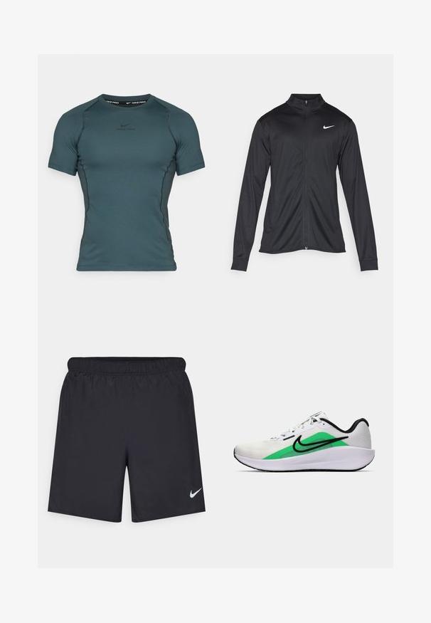 Svart idrettsjakke med lange ermer, krage og full glidelås. Har en subtil Nike-logo i hvitt på øvre venstre bryst. Glatt tekstur.; Nike Pro kortermet skjorte i mørk teal, laget av glatt, stretchstoff med rund hals og diskret logo detaljer på brystet.; Svart sportskjørt laget av lett materiale med elastisk linning. Har en liten hvit Nike-logo nederst til venstre.; Hvit atletisk sko med grønt aksent, svart logo, mesh-overdel, polstret såle og rund hæl. Har snøring og kontrastdetaljer.