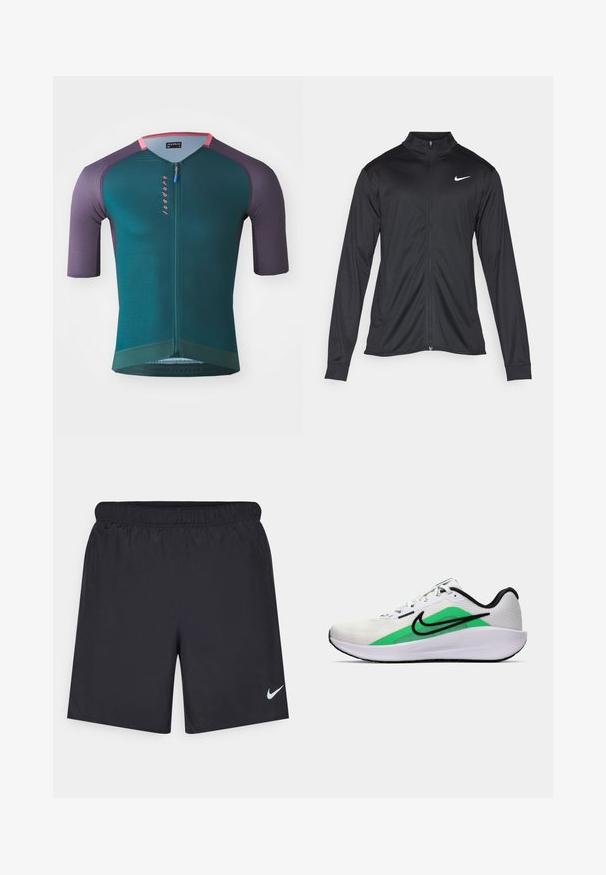 Jacket desportivo preto com mangas longas, colarinho e fecho zip completo. Apresenta um discreto logotipo da Nike em branco na parte superior do lado esquerdo do peito. Textura suave.; Jersey de ciclismo de manga curta em teal com ombros roxos, apresentando um fecho de correr até um quarto, tecido texturizado e um logo rosa na frente.; Calças de desporto pretas feitas de material leve com uma cintura elástica. Apresenta um pequeno logótipo branco da Nike no canto inferior esquerdo.; Shoe desportivo branco com um destaque verde, logótipo preto, parte superior em malha, sola almofadada e um salto arredondado. Apresenta atacadores e detalhes em contraste.