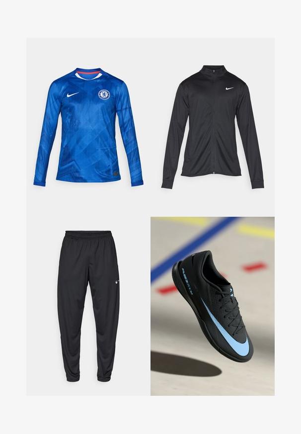 Svart idrettsjakke med lange ermer, krage og full glidelås. Har en subtil Nike-logo i hvitt på øvre venstre bryst. Glatt tekstur.; Blå langermet fotballdrakt med geometrisk mønster, Nike-logo og Chelsea FC-emblem. Har rund hals med røde og hvite detaljer.; Svarte treningbukser med elastisk midje, avsmalnende ben og en liten hvit Nike-logo på venstre lår. Glatt stoff, ingen mønstre.; Svart treningstøvel med blå detaljer, teksturert overflate, snøring og særegen Nike-logo. Gummisåle med grep mønstre.