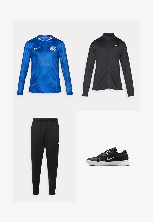 Black athletic jacket with long sleeves, collar, and full zipper. Features a subtle Nike logo in white on the upper left chest. Smooth texture.; Blue long-sleeve football jersey with a geometric pattern, Nike logo, and Chelsea FC emblem. Features a round neck with red and white accents.; Black athletic pants made of smooth fabric, featuring an elastic waistband, tapered legs, and a small white logo on the left side.; Black athletic shoe with a textured upper, white Nike swoosh, and a white rubber outsole. Features a lace-up design and dynamic shape.