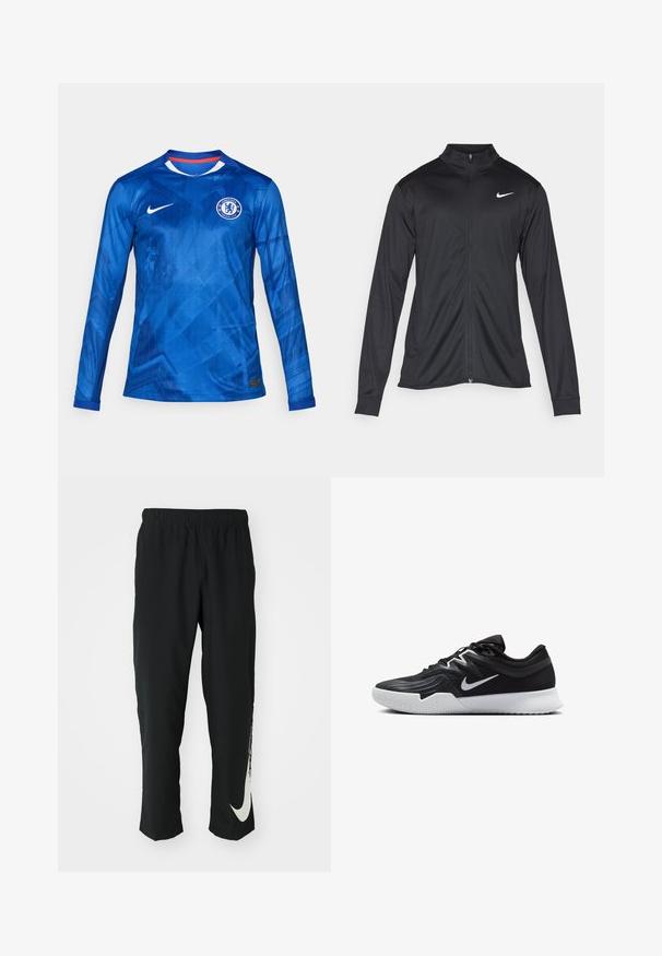 Melna sporta jaka ar garām piedurknēm, apkakli un pilnu rāvējslēdzēju. Uz kreisā krūts augšdaļas ir maigs Nike logo baltā krāsā. Gluda tekstūra.; Zils garām piedurknēm futbola krekls ar ģeometrisku rakstu, Nike logo un Čelzi FC emblēmu. Satur apaļu kakla izgriezumu ar sarkaniem un baltiem akcentiem.; Melni sporta bikses ar elastīgu jostasvīru, ar sašaurinātu dizainu, kurām uz kreisā kājas gabala ir liels balts Nike logo. Mīksts, viegls audums.; Melni sporta apavi ar teksturētu virsu, balto Nike zulumu un balto gumijas zoli. Iezīmējas ar auklu pievilkšanas dizainu un dinamisku formu.