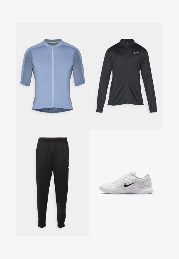 Musta urheilutakki pitkillä hihoilla, kauluksella ja kokonaisella vetoketjulla. Täydentää hienovarainen Nike-logo valkoisena vasemmassa ylärinnassa. Litteä pinta.; Vaaleansininen pyöräilypaita lyhyillä hihoilla, kevyt teksturoitu kangas, edessä vetoketju ja muotoiltu malli. Omistaa kontrastivärisen kauluksen.; Mustat urheiluhousut, jotka on valmistettu sileästä kankaasta. Niissä on joustava vyötärö, kapenevat lahkeet ja pieni valkoinen logo vasemmalla puolella.; Valkoinen urheiluvaate, jossa on teksturoidusta verkkomateriaalista valmistettu yläosa, musta Nike-logomerkintä, pehmustettu nilkkakappale ja kumipohja, jossa on urasyntymä.
