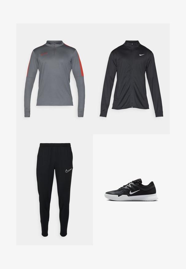 Musta urheilutakki pitkillä hihoilla, kauluksella ja kokonaisella vetoketjulla. Täydentää hienovarainen Nike-logo valkoisena vasemmassa ylärinnassa. Litteä pinta.; Nike Performance ACADEMY DRILL TOP - Pitkähihainen paita - iron grey/dragon red; Mustat urheiluhousut, joissa on elastinen vyötärönauha, kapea malli ja valkoinen Nike-logo vasemmalla puolella. Pehmeä kangas, jolla on sileä pinta.; Musta urheilukenkä, jossa on teksturoitu päällinen, valkoinen Nike-tikkaus ja valkoinen kumipohja. Kenkässä on nauhakuji ja dynaaminen muoto.