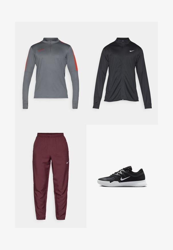 Juodas sportinis švarkas su ilgomis rankovėmis, apykakle ir pilnu užtrauktuku. Yra subtilus baltas Nike logotipas kairėje krūtinės pusėje. Lygus tekstūra.; Nike Performance ACADEMY DRILL TOP - Ilgarankovis viršutinės dalies drabužis - iron grey/dragon red; Bordo spalvos Nike treniruočių kelnės su elastingu juosmeniu, siaurėjančiomis kojomis ir sidabriniu logotipu. Pagamintos iš lengvos medžiagos, su lygiu paviršiumi ir be raštų.; Juodos sportinės bateliai su tekstūruota viršutine dalimi, balta Nike swoosh ir balta gumine išorine dalimi. Yra su raištelių užsegimo dizainu ir dinamine forma.
