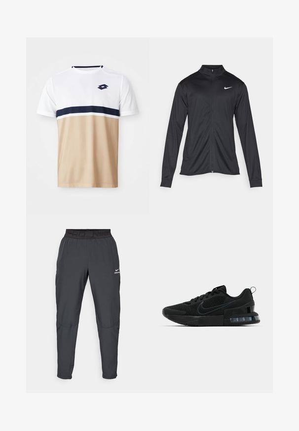 Melna sporta jaka ar garām piedurknēm, apkakli un pilnu rāvējslēdzēju. Uz kreisā krūts augšdaļas ir maigs Nike logo baltā krāsā. Gluda tekstūra.; Sīkdienas krekls ar īsām piedurknēm, kuram ir balta augšējā daļa, tumši zilas un baltas horizontālas svītras un bēša apakšējā daļa ar teksturētu virsmu.; Nike Pro bikses tumši pelēkā krāsā, ar melnu elastīgu jostu, uz kuras ir teksts "PRD" un "NIKE PRO", gluda auduma, sašaurinātas formas un smalkiem izšuvumu elementiem.; Melni Nike sporta apavi ar tīkliņa virsmu, teksturētu zolīšu un redzamu gaisa spilvenu papēdī. Akcenti un logotips tumšākā melnā krāsā.