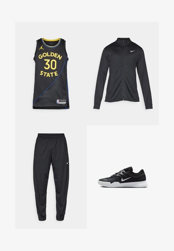 Jacket desportivo preto com mangas longas, colarinho e fecho zip completo. Apresenta um discreto logotipo da Nike em branco na parte superior do lado esquerdo do peito. Textura suave.; Camisola de basquetebol preta com "GOLDEN STATE" e "30" em amarelo, com detalhes em azul e tecido texturizado. Logotipo da NBA na bainha.; Calças de atletismo pretas com um cós elástico, pernas afuniladas e um pequeno logo branco da Nike na coxa esquerda. Tecido liso, sem padrões.; Sapatilha atlética preta com um cabedal texturizado, swoosh branco da Nike e uma sola de borracha branca. Apresenta um design com atacadores e uma forma dinâmica.