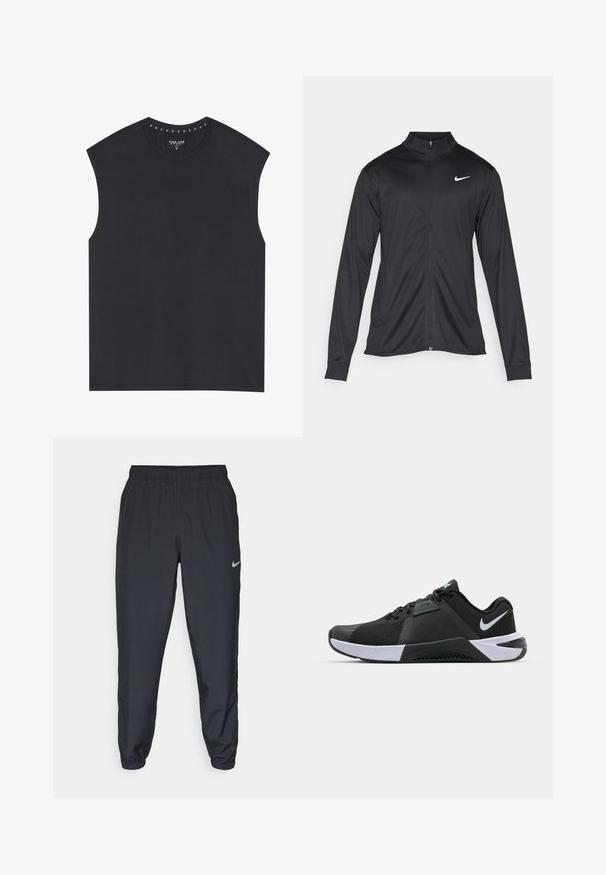 Svart idrettsjakke med lange ermer, krage og full glidelås. Har en subtil Nike-logo i hvitt på øvre venstre bryst. Glatt tekstur.; Svart ermeløs topp med rund hals, prydet med dekorative nagler langs den indre kragekanten. Laget av glatt stoff med en avslappet passform.; Svarte joggebukser laget av lett stoff med elastisk midje, ankelmanchetter og en diskret Nike-logo på venstre side.; Nike Performance METCON 10 - Treningssko - black/white/anthracite