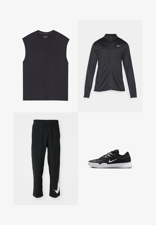 Jacket desportivo preto com mangas longas, colarinho e fecho zip completo. Apresenta um discreto logotipo da Nike em branco na parte superior do lado esquerdo do peito. Textura suave.; Top preto sem mangas com decote redondo, apresentando tachas decorativas ao longo da borda interior da gola. Feito de um tecido suave com um corte confortável.; Calças atléticas pretas com cintura elástica, design afunilado, apresentando um grande logótipo branco da Nike na perna esquerda. Tecido macio e leve.; Sapatilha atlética preta com um cabedal texturizado, swoosh branco da Nike e uma sola de borracha branca. Apresenta um design com atacadores e uma forma dinâmica.