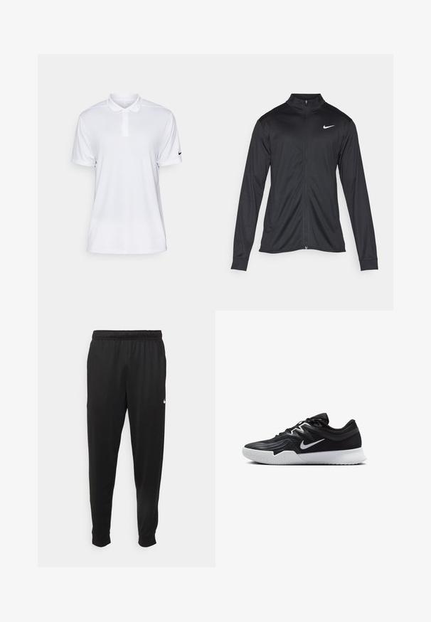 Jachetă sportivă neagră cu mâneci lungi, guler și fermoar complet. Prezintă un logo Nike subtil, alb, pe pieptul din stânga sus. Textură netedă.; Polo alb, cu mâneci scurte, realizat dintr-un material sintetic. Prezintă un guler și un logo black Nike pe mâneca stângă.; Pantaloni sportivi negri dintr-o țesătură netedă, cu un elastic la brâu, picioare conice și un mic logo alb pe partea stângă.; Pantof sport negru cu un superior texturat, swoosh alb Nike și o tălpică din cauciuc alb. Dispune de un design cu șireturi și o formă dinamică.