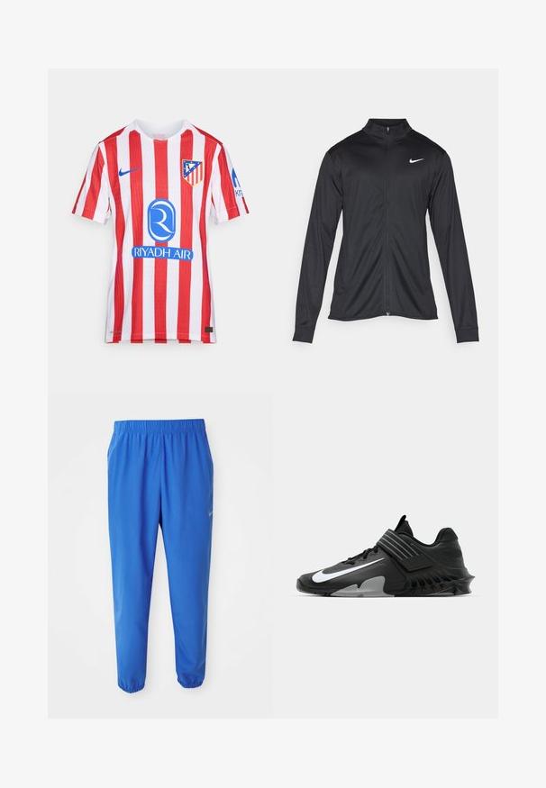 Black athletic jacket with long sleeves, collar, and full zipper. Features a subtle Nike logo in white on the upper left chest. Smooth texture.; Red and white striped football jersey made of breathable fabric. Features Nike logo, team crest, and blue sponsor logo on the front.; Blue athletic pants with elastic waistband, straight leg design, and tapered cuffs. Features Nike logo in gold on the left side.; Black athletic shoes with a sleek design, featuring a prominent white Nike logo, textured overlays, and a distinctive molded sole.