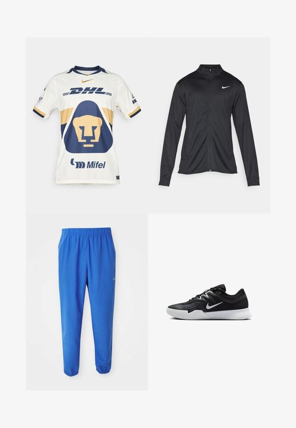 Fekete sportdzseki hosszú ujjal, gallérral és teljes cipzárral. Diszkrét fehér Nike logóval az upper bal mellen. Sima textúra.; Fehér sportmez sötétkék és arany részletekkel. Olyan oroszlán grafikával rendelkezik, mint a "DHL" logó és a "Mifel" márkázás. Rövid ujjú és kerek nyakú dizájn.; Kék sportnadrág rugalmas derékpánttal, egyenesen szabott lábakkal és szűkített szárakkal. Az egyik oldalon arany Nike logóval ellátva.; Fekete sportcipő texturált felsőrésszel, fehér Nike logóval és fehér gumitalppal. Fűzős kialakítással és dinamikus formával rendelkezik.