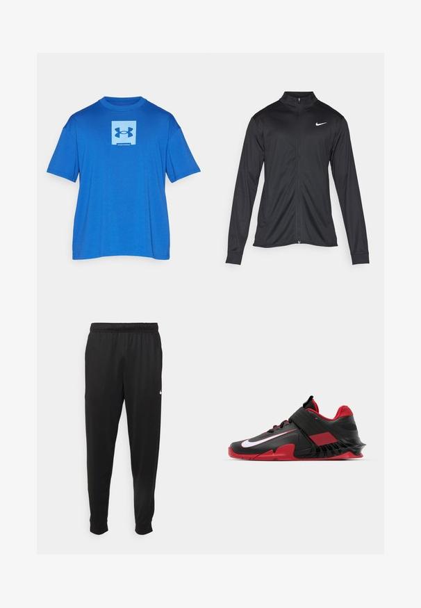 Zwarte sportjack met lange mouwen, kraag en volle rits. Voorzien van een subtiele Nike-logo in het wit op de bovenste linkerborst. Soepele textuur.; Under Armour Heavyweight Oversized - Sport T-shirt - tech blue/horizon blue; Zwarte sportbroek gemaakt van gladde stof, met een elastische tailleband, taps toelopende pijpen en een klein wit logo aan de linkerzijde.; Zwarte en rode sport sneakers met een strak ontwerp, een textuur van gaas bovenkant, een stevige rubberen zool en een prominente witte logo-accent.