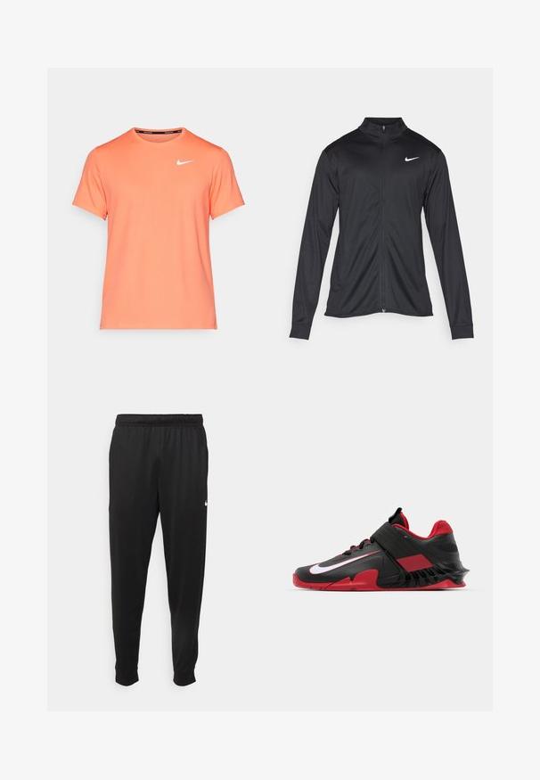 Svart idrottsjacka med långa ärmar, krage och full dragkedja. Har en diskret Nike-logga i vitt på övre vänstra bröstet. Slät yta.; Kortärmad T-shirt med rund hals i ljus korallorange, tillverkad av mjukt tyg, med en liten vit Nike-logotyp på vänster bröst.; Svarta träningsbyxor i slät tyg, med elastisk midja, avsmalnande ben och en liten vit logotyp på vänster sida.; Svarta och röda träningsskor med en slank design, texturerad mesh-överdela, robust gummisulor och framträdande vit logotypaccent.
