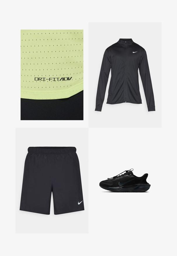 Czarna sportowa kurtka z długimi rękawami, kołnierzem i pełnym zamkiem. Posiada subtelne logo Nike w białym kolorze na lewej górnej części klatki piersiowej. Gładka tekstura.; Jasnozielony, teksturowany materiał z małymi czarnymi perforacjami. Metka głosi "DRI-FIT/ADV" na czarno. Posiada czarną taśmę na dole.; Czarne spodenki sportowe wykonane z lekkiego materiału, z elastycznym pasem. Posiadają małe białe logo Nike na dolnej lewej stronie.; Czarne buty sportowe z teksturowaną siateczką u góry, gładkimi akcentami oraz charakterystycznym logo Nike. Posiadają amortyzowaną podeszwę i elastyczne sznurowadła.