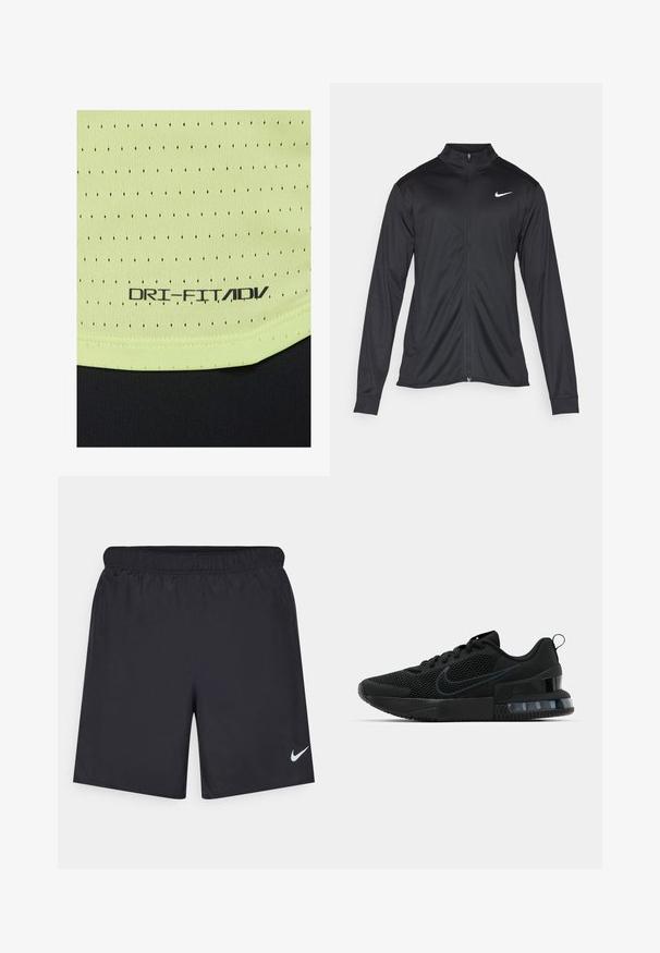 Svart idrettsjakke med lange ermer, krage og full glidelås. Har en subtil Nike-logo i hvitt på øvre venstre bryst. Glatt tekstur.; Lysegrønn, teksturert stoff med små svarte perforeringer. Merket leser "DRI-FIT/ADV" i svart. Har et svart bånd nederst.; Svart sportskjørt laget av lett materiale med elastisk linning. Har en liten hvit Nike-logo nederst til venstre.; Svart Nike treningssko med mesh-overdel, gummisåle, polstret krage og en distinkt gjennomsiktig hældetalj.