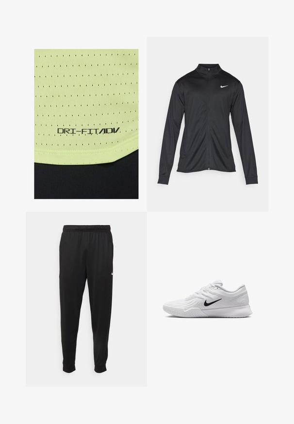 Jacket desportivo preto com mangas longas, colarinho e fecho zip completo. Apresenta um discreto logotipo da Nike em branco na parte superior do lado esquerdo do peito. Textura suave.; Tecido verde claro, texturizado, com pequenas perfurações pretas. A etiqueta diz "DRI-FIT/ADV" em preto. Apresenta uma faixa preta na parte inferior.; Calças de desporto pretas feitas de tecido suave, com uma cintura elástica, pernas ajustadas e um pequeno logo branco no lado esquerdo.; Sapatilha atlética branca com parte superior em malha texturizada, swoosh preto da Nike, colarinho almofadado e sola de borracha com um padrão de ranhura.
