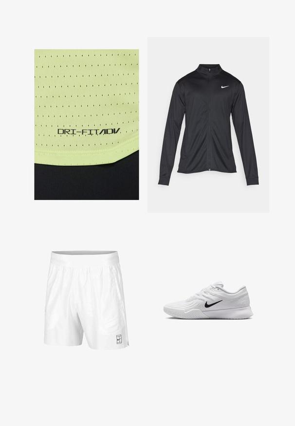 Crna sportska jakna s dugim rukavima, ovratnikom i punim patentnim zatvaračem. Ima suptilan Nike logo u bijeloj boji na gornjem lijevom dijelu prsne oznake. Glatka tekstura.; Svijetlozelena, teksturirana tkanina s malim crnim perforacijama. Na oznaci piše "DRI-FIT/ADV" u crnoj boji. Ima crnu traku na dnu.; Bijele atletske kratke hlače izrađene od lagane tkanine s elastičnim pojasom, koje imaju dva bočna džepa i mali crni logo na rubu.; Bijela atletska cipela s teksturiranim mrežastim gornjištem, crnim Nike znak, podstavljenim ovratnikom i gumeni potplat s uzorkom gaznog sloja.