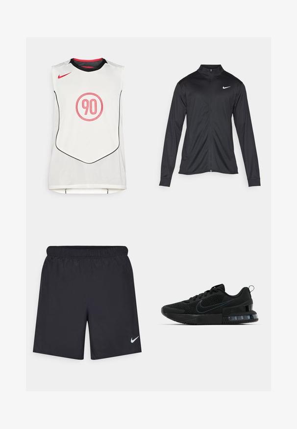Melna sporta jaka ar garām piedurknēm, apkakli un pilnu rāvējslēdzēju. Uz kreisā krūts augšdaļas ir maigs Nike logo baltā krāsā. Gluda tekstūra.; Baltas bez piedurknēm sporta krekls ar melnu apdari, sarkanu Nike zīmi un sarkanu "90" iekļautā aplī centrā priekšpusē.; Melnas sporta šorti, izgatavoti no viegla materiāla, ar elastīgu jostu. Uz apakšējā kreisā stūra ir neliels balts Nike logo.; Melnas Nike sporta kurpes ar sietu augšpusi, gumijas zoli, polsterētu apkakli un izteiktu caurspīdīgu papēdi.