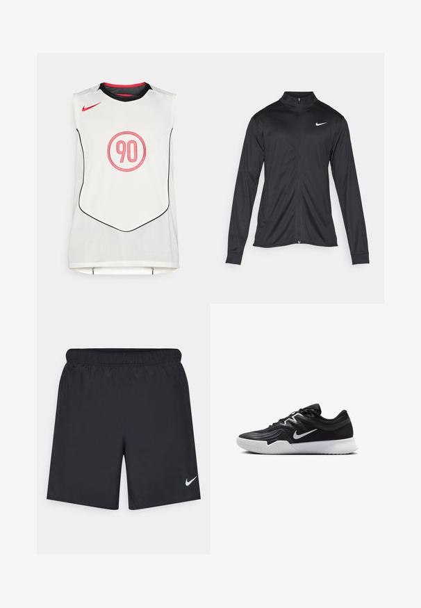 Svart idrettsjakke med lange ermer, krage og full glidelås. Har en subtil Nike-logo i hvitt på øvre venstre bryst. Glatt tekstur.; Hvit ermeløs sportstrøye med svart kant, rød Nike swoosh og et rødt "90" inni en sirkel i midten foran.; Svart sportskjørt laget av lett materiale med elastisk linning. Har en liten hvit Nike-logo nederst til venstre.; Svart treningssko med teksturert overdel, hvit Nike-swoosh og hvit gummisåle. Har snøring og en dynamisk form.