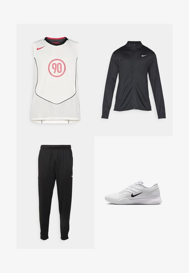 Giacca sportiva nera con maniche lunghe, colletto e zip completa. Presenta un logo Nike in bianco sulla parte superiore del lato sinistro del petto. Tessuto morbido.; Canottiera sportiva bianca senza maniche con bordo nero, logo Nike rosso e il numero "90" rosso all'interno di un cerchio al centro della parte anteriore.; Pantaloni sportivi neri realizzati in tessuto liscio, con una vita elastica, gambe affusolate e un piccolo logo bianco sul lato sinistro.; Scarpa da ginnastica bianca con tomaia in mesh testurizzato, logo Nike nero, collo imbottito e suola in gomma con un motivo di battistrada.