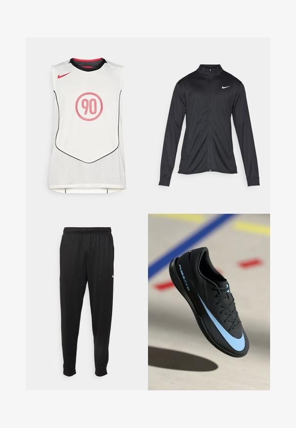 Svart idrettsjakke med lange ermer, krage og full glidelås. Har en subtil Nike-logo i hvitt på øvre venstre bryst. Glatt tekstur.; Hvit ermeløs sportstrøye med svart kant, rød Nike swoosh og et rødt "90" inni en sirkel i midten foran.; Svarte treningsbukser laget av glatt stoff, med elastisk midje, smale ben og en liten hvit logo på venstre side.; Svart treningstøvel med blå detaljer, teksturert overflate, snøring og særegen Nike-logo. Gummisåle med grep mønstre.