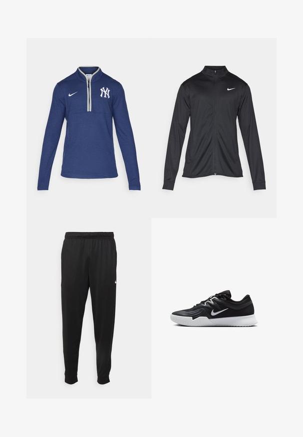 Jachetă sportivă neagră cu mâneci lungi, guler și fermoar complet. Prezintă un logo Nike subtil, alb, pe pieptul din stânga sus. Textură netedă.; Pulover lung cu mânecă lungă de culoare bleumarin, cu guler cu fermoar pe jumătate, având un logo Nike alb și un emblema albă a echipei New York Yankees pe piept.; Pantaloni sportivi negri dintr-o țesătură netedă, cu un elastic la brâu, picioare conice și un mic logo alb pe partea stângă.; Pantof sport negru cu un superior texturat, swoosh alb Nike și o tălpică din cauciuc alb. Dispune de un design cu șireturi și o formă dinamică.