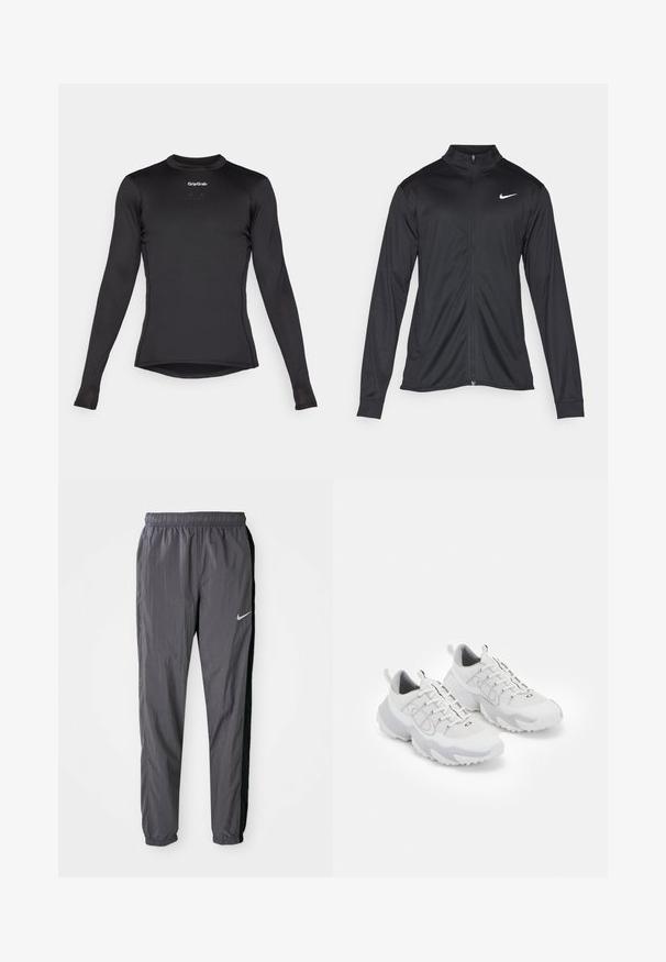 Schwarze Sportjacke mit langen Ärmeln, Kragen und voller Reißverschluss. Verfügt über ein dezentes Nike-Logo in Weiß auf der oberen linken Brust. Glatte Textur.; Schwarzes Langarm-Basisschicht-Oberteil mit Gitterstruktur, Rundhalsausschnitt und GripGrab-Logo auf der Brust. Leicht taillierte Passform mit Saum.; Nike Jogginghose aus leichtem Stoff in Dunkelgrau mit schwarzen Seitenpaneelen. Sie verfügt über einen elastischen Bund und ein reflektierendes Logo.; Weiße Sportschuhe mit einem Obermaterial aus Netzgewebe, grauen Akzenten, einer strukturierten Gummisohle und Zuglaschen an der Ferse; verfügt über ein Schnürdesign.