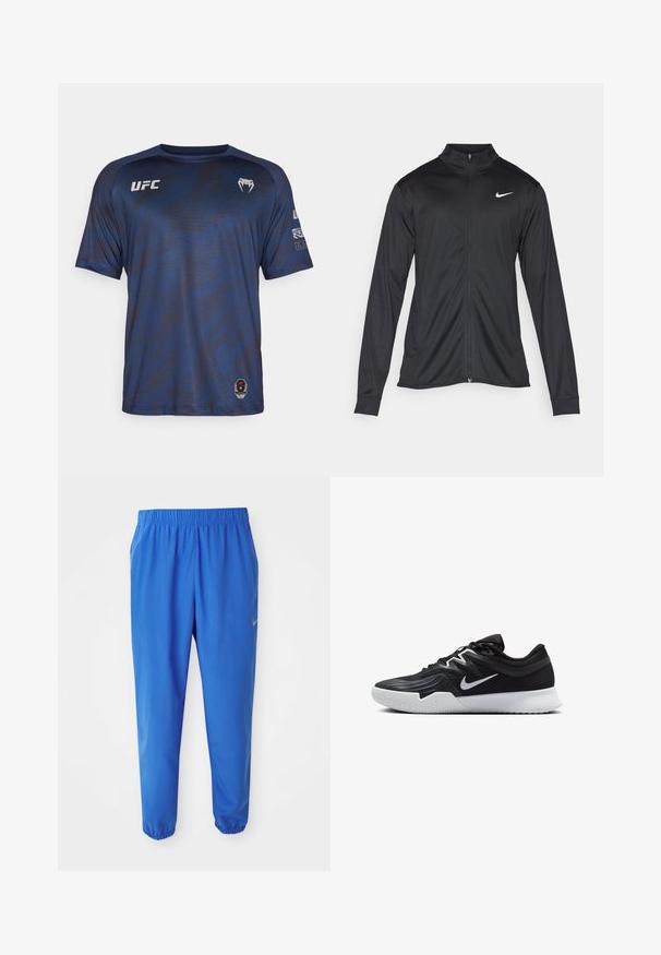Črna atletska jakna z dolgimi rokavi, ovratnikom in polnim zadrgo. Vključuje diskreten bel Nike logotip na zgornjem levem delu prsnega koša. Gladka tekstura.; Temno modra športna majica s kratkimi rokavi, z strukturiranim vzorcem in UFC logotipom na prsih. Narejena iz lahke, vlago odvajalne tkanine.; Modre atletske hlače z elastičnim pasom, ravnim krojem in zoženimi manšetami. Značilnost je Nike logo v zlatem na levi strani.; Črne atletske čevlje z teksturirano zgornjico, belim Nike znakom in belim gumijastim zunanjim podplatom. Imajo vezalni dizajn in dinamično obliko.