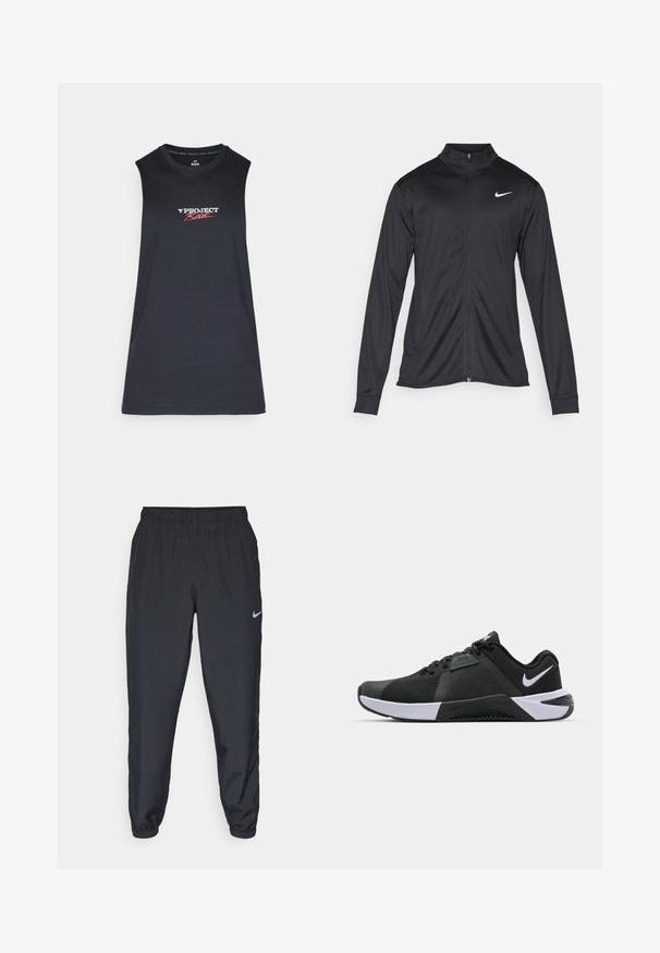 Sort atletisk jakke med lange ærmer, krave og fuld lynlås. Har et diskret Nike-logo i hvidt på den øverste venstre side af brystet. Glat tekstur.; Under Armour TANK - Top - black/white/racer red; Sorte træningsbukser lavet af letvægtsstof med elastisk talje, ankelsyninger og et diskret Nike-logo på venstre side.; Nike Performance METCON 10 - Træningssko - black/white/anthracite