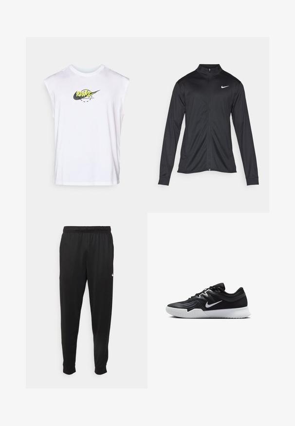 Must värvi sportlik jakk pikkade varrukatega, krae ja täispikk tõmblukk. Ülemises vasakus rinnas on diskreetne valge Nike logo. Sile tekstuur.; Valge ilma varrukateta Nike korvpallitopp, mille rinnaosas on kollane ja must logo, lihtsa taustaga.; Mustad mustekad athletic-püksid sujuvast kangast, elastse vöökoha, kitsenevate jalgade ja väikese valge logoga vasakul küljel.; Must mustad jalanikesad rikaste ülaservaga, valge Nike swoosh'i ja valge kummist välispõhjaga. Omab paeltega sulgemisdetaili ja dünaamilist kuju.