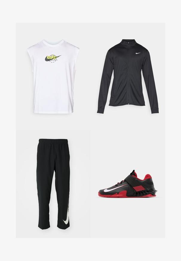 Črna atletska jakna z dolgimi rokavi, ovratnikom in polnim zadrgo. Vključuje diskreten bel Nike logotip na zgornjem levem delu prsnega koša. Gladka tekstura.; Bela brezrokavna košarkarska majica Nike z rumeno in črno logotipom, ki je osredotočen na prsih, na enobarvni podlagi.; Črne športne hlače z elastičnim pasom, zoženim dizajnom, s velikim belim logotipom Nike na levem hlačnici. Mehka, lahka tkanina.; Črne in rdeče atletske teniske z elegantnim dizajnom, teksturiranim mrežastim zgornjim delom, trdnim gumijastim podplatom in izpostavljenim belim logotipom.